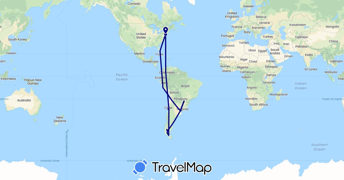 TravelMap itinerary: driving in Argentina, Chile, Colombia, Peru, United States, Uruguay (North America, South America)